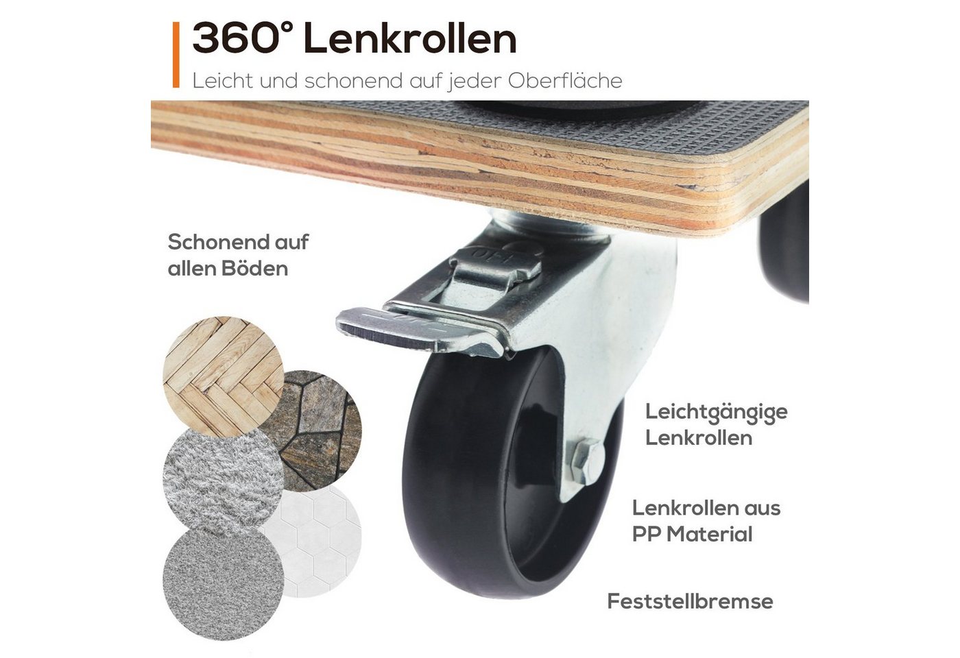 TroniTechnik Eckdusche Rollbrett Transportroller rutschfest 400 kg Tragfähigkeit, rutschfest, 360° Rollen, mit Feststellbremse – Bild 3 von 5