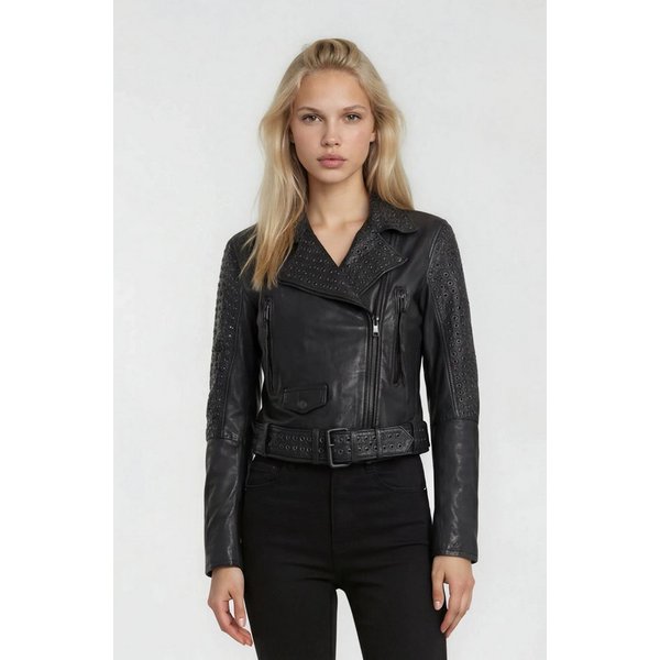 trueprodigy Lederjacke Raven mit Nieten und Reißverschluss Details