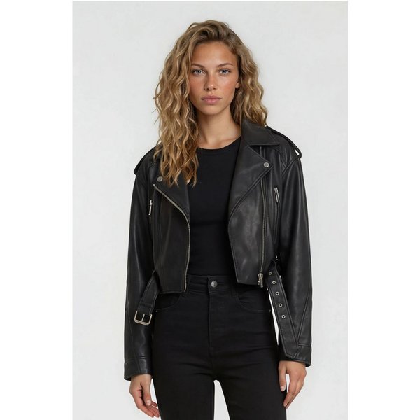 trueprodigy Lederjacke Rosa Oversize Bikerjacke mit Reißverschlussdetails
