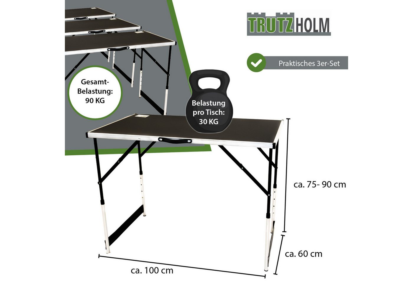TRUTZHOLM Klapptisch Multifunktionstisch 3er Set höhenverstellbar & klappbar Tapeziertisch (Set, 3-St), kg – Bild 2 von 5