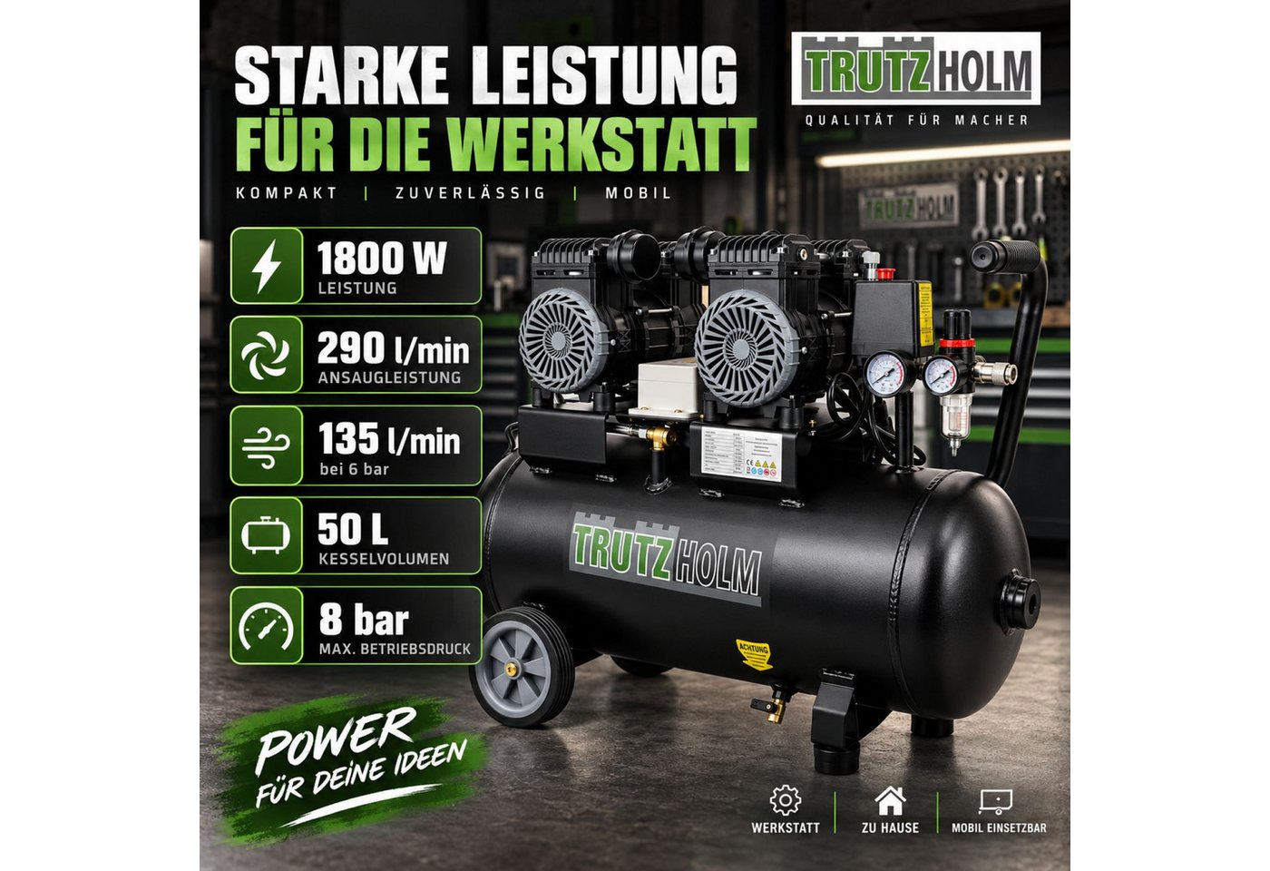 TRUTZHOLM Kompressor Premium Brushless Silent Flüsterkompressor 50L 1800W 62dB 8 bar, max. 8 bar, 50 l, Komplett-Set – Bild 3 von 5