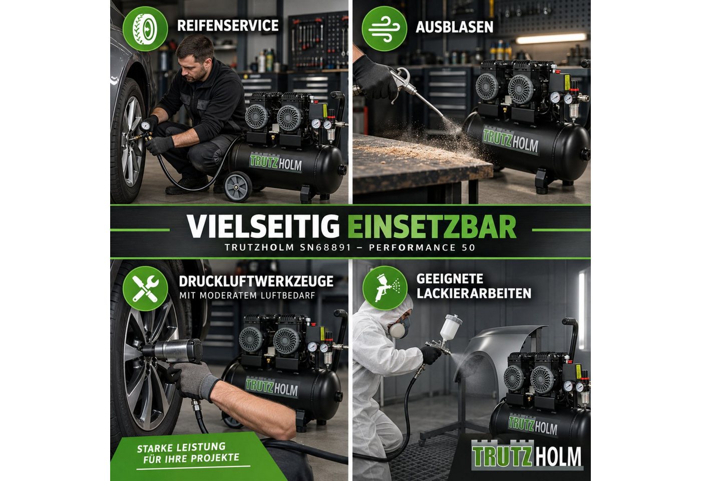 TRUTZHOLM Kompressor Premium Brushless Silent Flüsterkompressor 50L 1800W 62dB 8 bar, max. 8 bar, 50 l, Komplett-Set – Bild 4 von 5