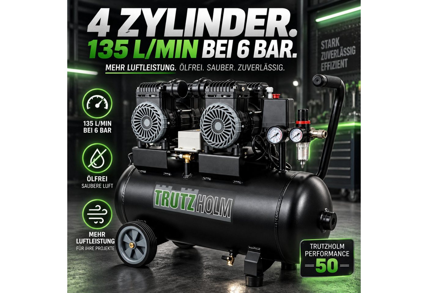 TRUTZHOLM Kompressor Premium Brushless Silent Flüsterkompressor 50L 1800W 62dB 8 bar, max. 8 bar, 50 l, Komplett-Set – Bild 5 von 5
