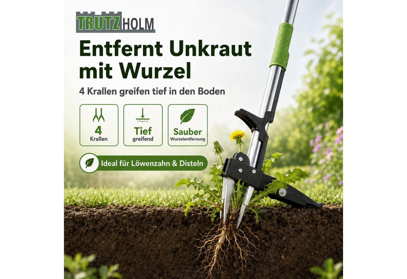 TRUTZHOLM Unkrautstecher Löwenzahnentferner Unkrautentferner 100 cm Länge inkl. 4 Krallen, 100 cm Gesamtlänge – Bild 3 von 5