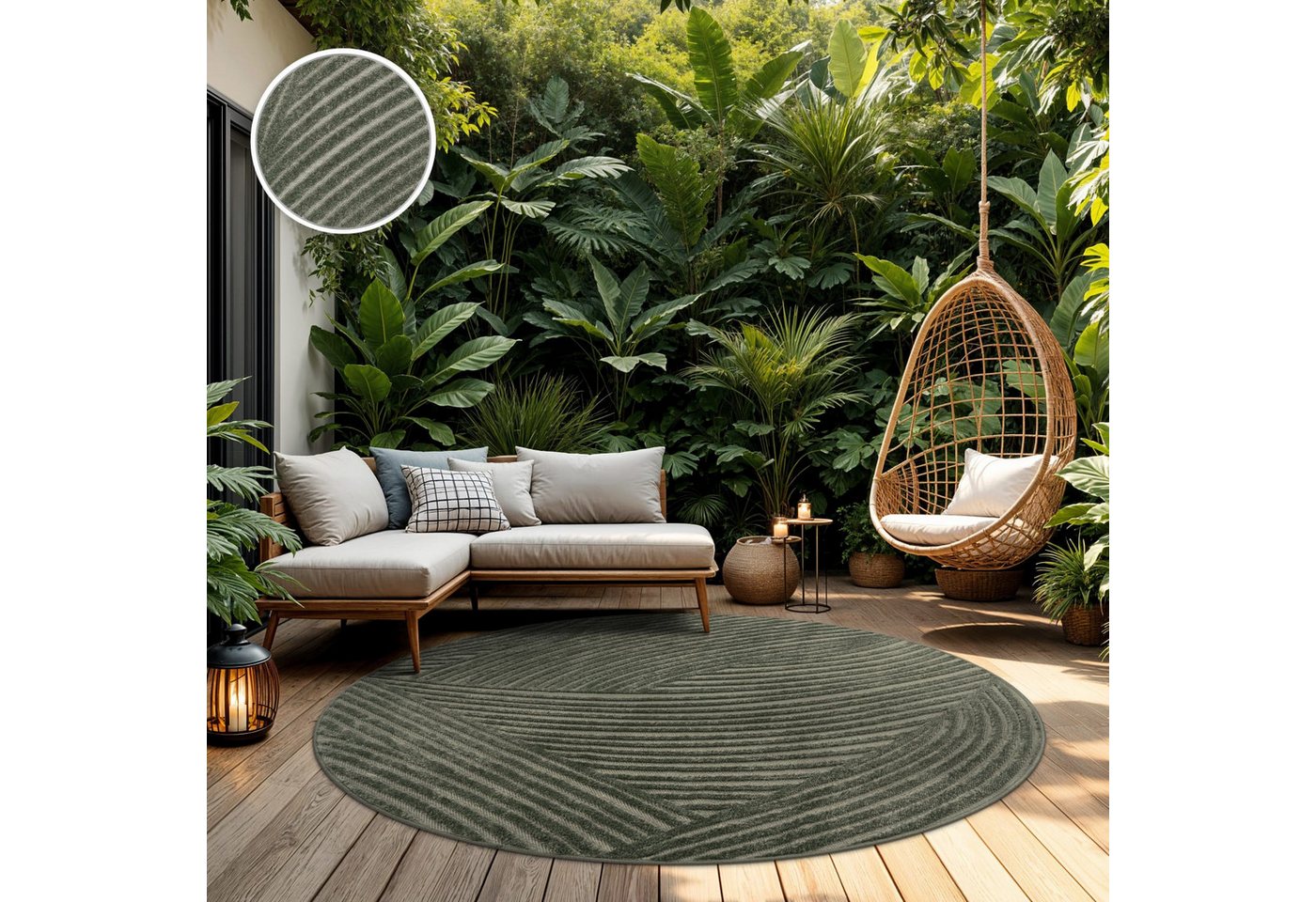 TT Home Teppich Diele, Esszimmer, Flur, Küche, Wohnzimmer, Außenbereich, Rund, Höhe: 10 mm, In-& Outdoorteppich Wetterfest Balkon Schlafzimmer Boho Skandi Motiv – Bild 4 von 5
