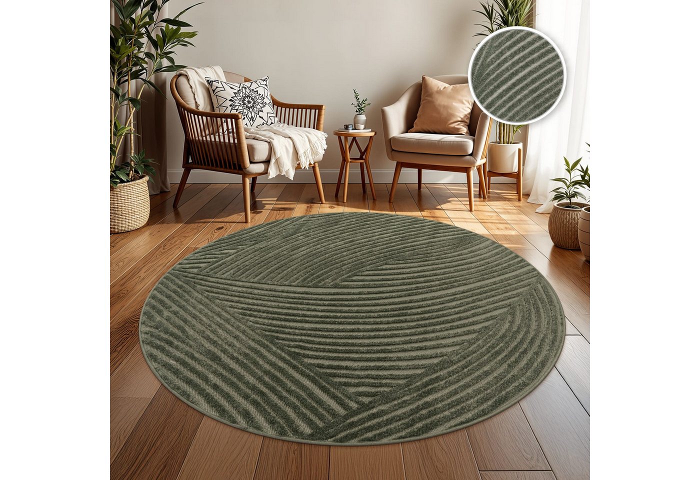 TT Home Teppich Diele, Esszimmer, Flur, Küche, Wohnzimmer, Außenbereich, Rund, Höhe: 10 mm, In-& Outdoorteppich Wetterfest Balkon Schlafzimmer Boho Skandi Motiv – Bild 5 von 5