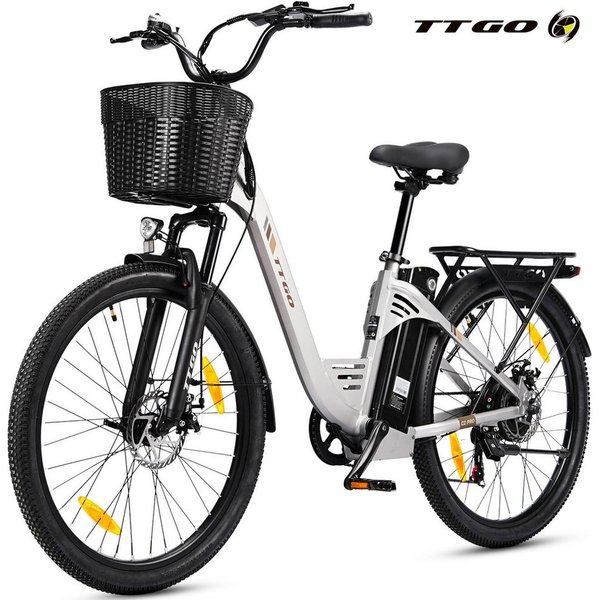 TTGO E-Bike Cityrad 26 Zoll, 650Wh, 120km, Federgabel, mit Frontkorb und Gepäckträger, 7 Gang SHIMANO, Kettenschaltung, Heckmotor, 650 Wh, (5 Stufen, Pedelec, b