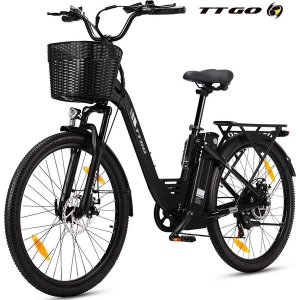 TTGO E-Bike Cityrad 26 Zoll, 650Wh, 120km, Federgabel, mit Frontkorb und Gepäckträger, 7 Gang SHIMANO, Kettenschaltung, Heckmotor, 650 Wh, (5 Stufen, Pedelec, b