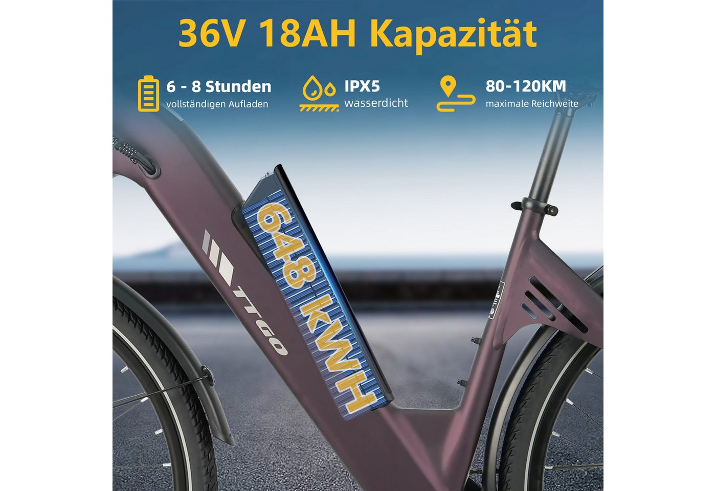 TTGO E-Bike Cityrad 28 x 2,0 Zoll, 120km, C3 SE, Elektrofahrrad mit Tiefeinsteiger-Rahmen, 7 Gang SHIMANO, Kettenschaltung, Heckmotor, 648 Wh, 5 Stufen, Leicht  – Bild 5 von 5
