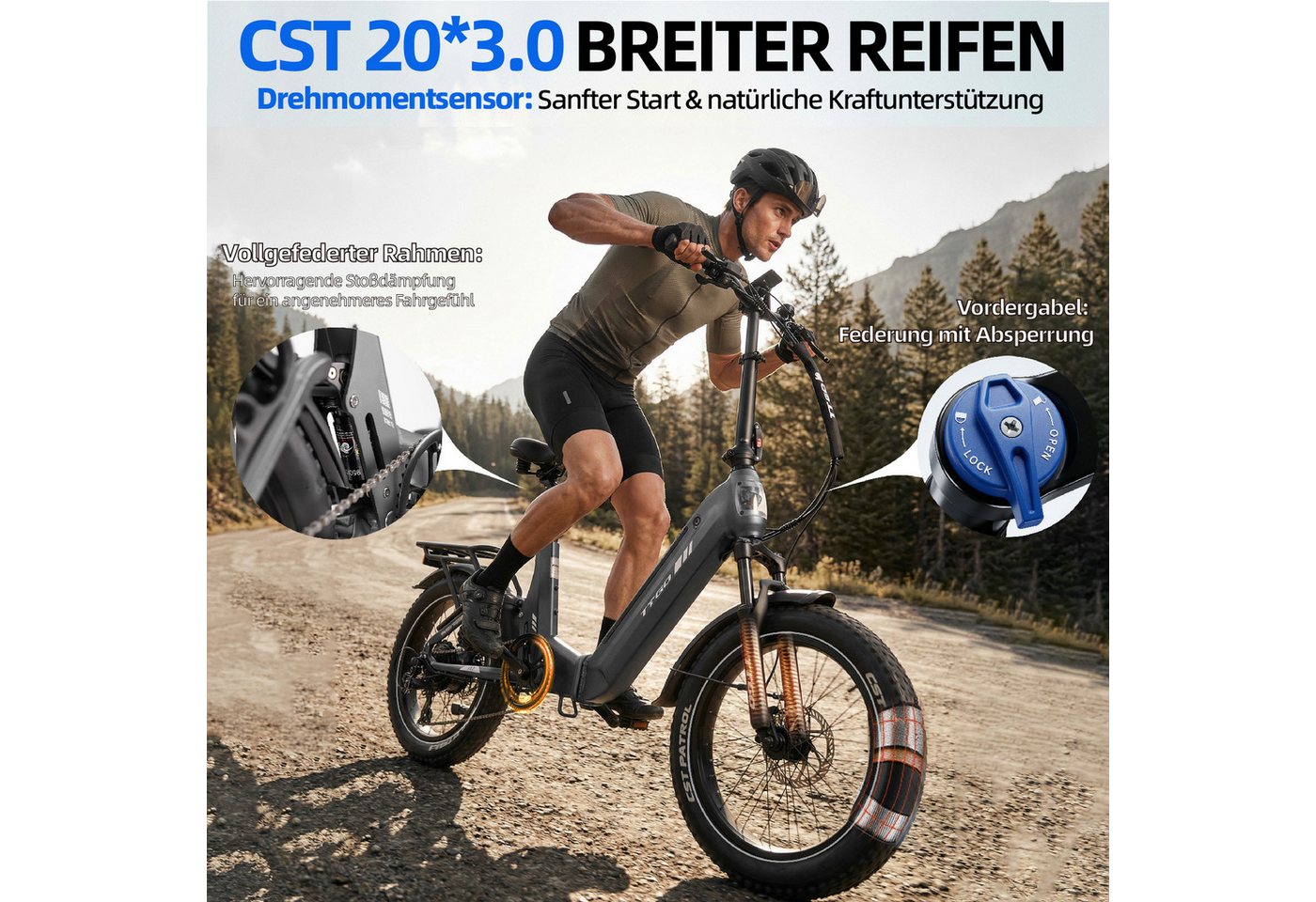 TTGO E-Bike Klapprad 20 Zoll, Fully, Vollfederung, 70Nm, 3,0'' Fatbike, Lockout-Federgabel, 7 Gang SHIMANO, Kettenschaltung, Heckmotor, 720 Wh, (Softtail, hydr. – Bild 4 von 5