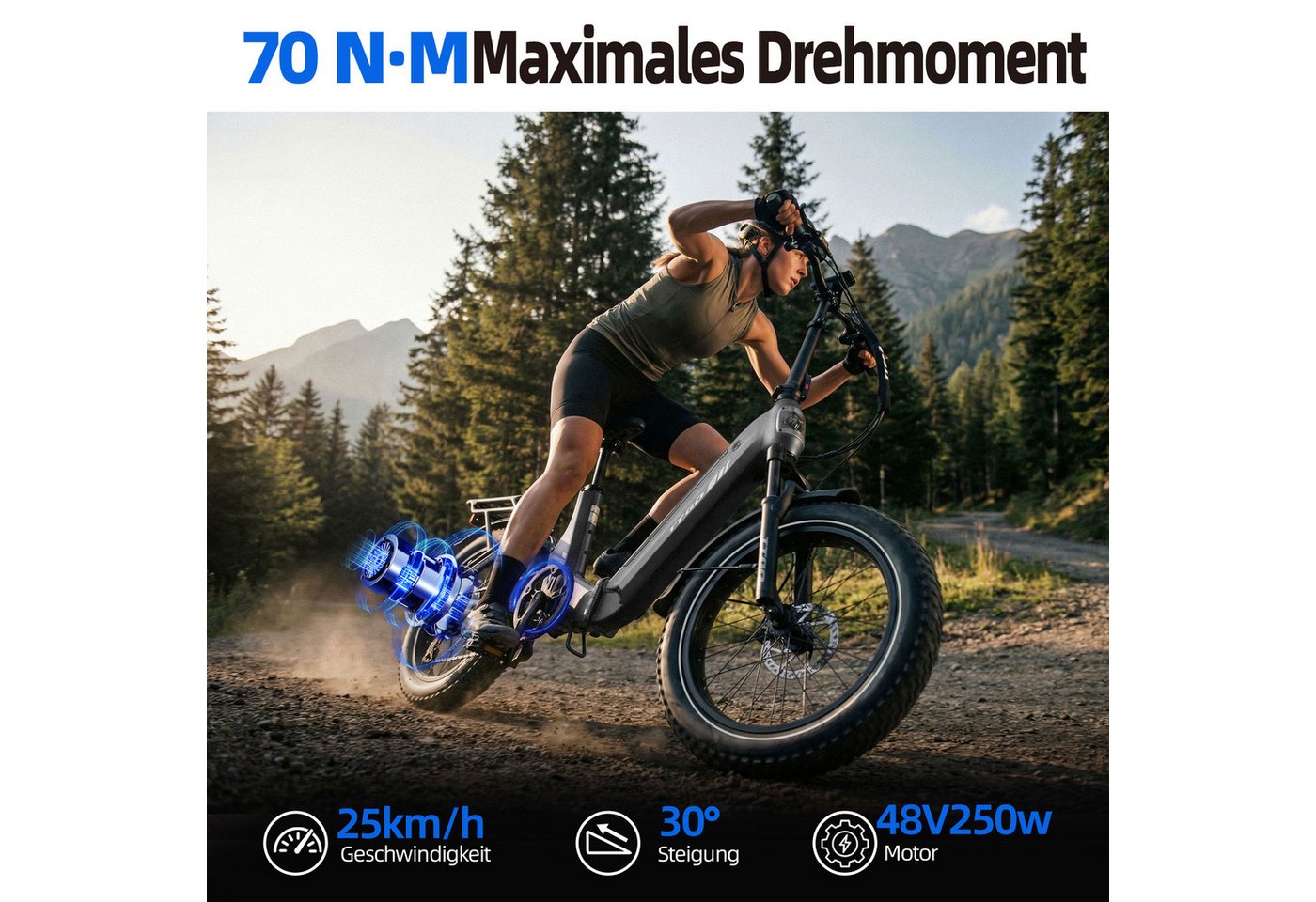 TTGO E-Bike Klapprad 20 Zoll, Fully, Vollfederung, 70Nm, 3,0'' Fatbike, Lockout-Federgabel, 7 Gang SHIMANO, Kettenschaltung, Heckmotor, 720 Wh, (Softtail, hydr. – Bild 5 von 5