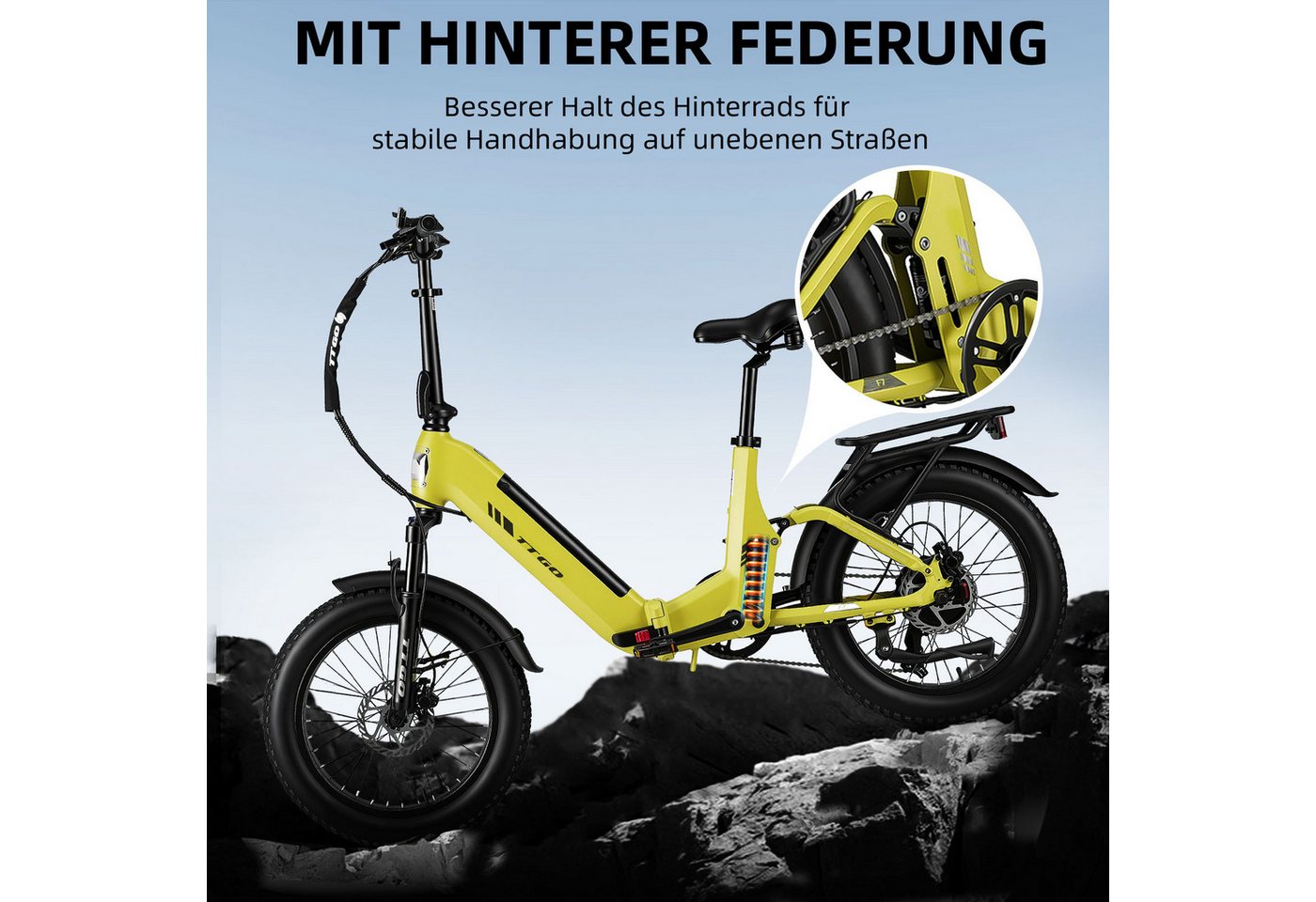 TTGO E-Bike Klapprad 20 Zoll, Fully, Vollfederung, 70Nm Hinterradmotor, 120km, max.150kg, 7 Gang SHIMANO, Kettenschaltung, Heckmotor, 720 Wh, (Softtail, hydr. S – Bild 3 von 5