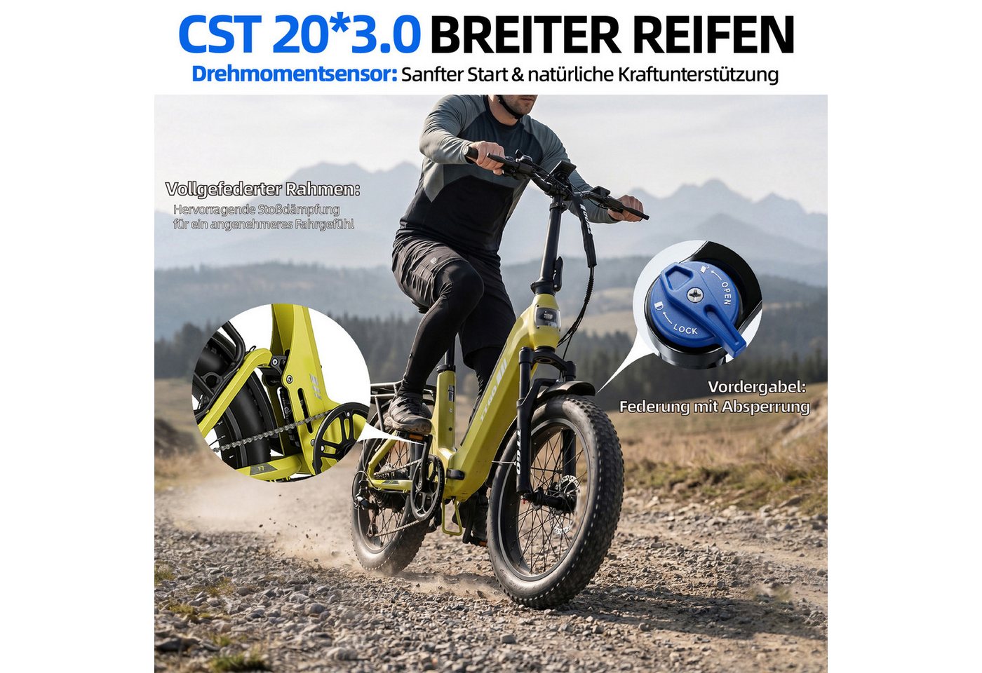 TTGO E-Bike Klapprad 20 Zoll, Fully, Vollfederung, 70Nm Hinterradmotor, 120km, max.150kg, 7 Gang SHIMANO, Kettenschaltung, Heckmotor, 720 Wh, (Softtail, hydr. S – Bild 4 von 5