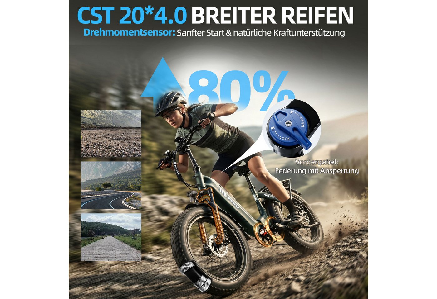 TTGO E-Bike Klapprad 20x4 Zoll, 70Nm Hinterradmotor, 140km, F6B, Drehmomentsensor, 7 Gang SHIMANO, Kettenschaltung, Heckmotor, 864 Wh, MAX. 150kg, Federgabel mi – Bild 3 von 5