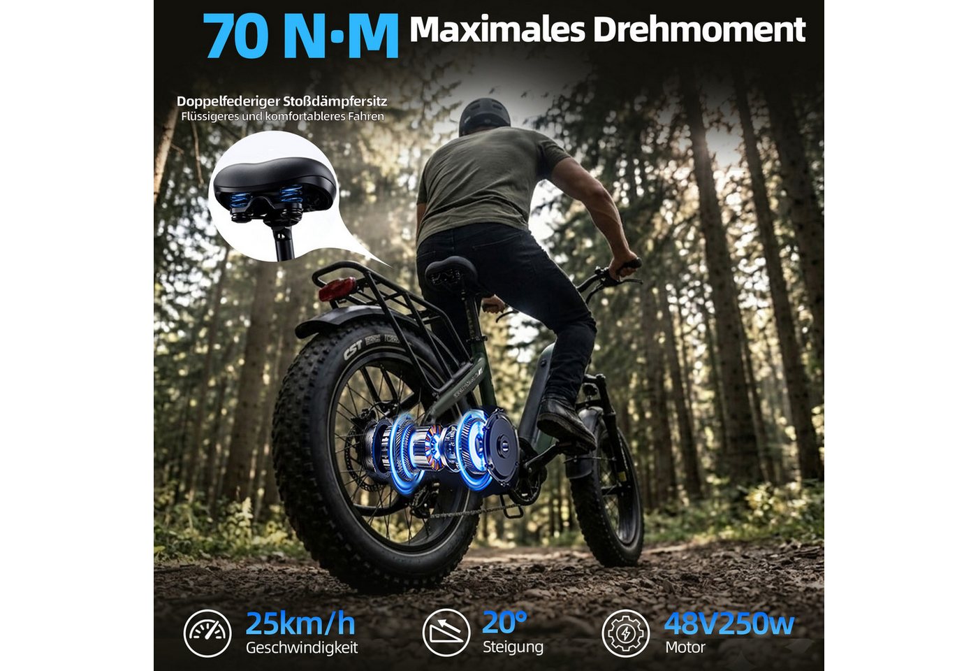 TTGO E-Bike Klapprad 20x4 Zoll, 70Nm Hinterradmotor, 140km, F6B, Drehmomentsensor, 7 Gang SHIMANO, Kettenschaltung, Heckmotor, 864 Wh, MAX. 150kg, Federgabel mi – Bild 4 von 5