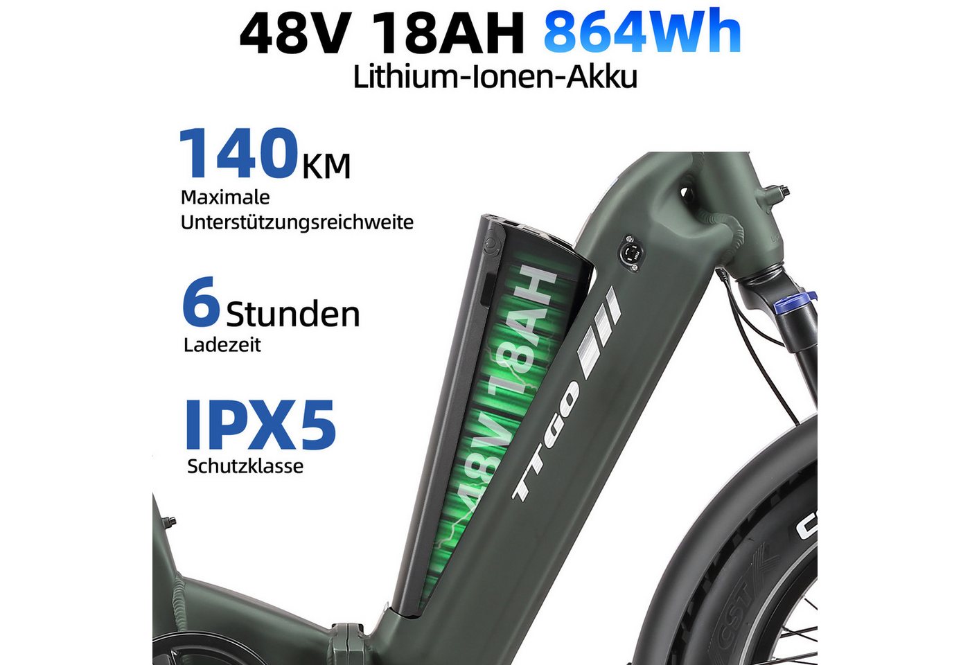 TTGO E-Bike Klapprad 20x4 Zoll, 70Nm Hinterradmotor, 140km, F6B, Drehmomentsensor, 7 Gang SHIMANO, Kettenschaltung, Heckmotor, 864 Wh, MAX. 150kg, Federgabel mi – Bild 5 von 5