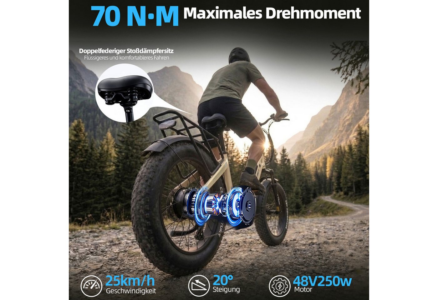 TTGO E-Bike Klapprad 20x4 Zoll, 70Nm Hinterradmotor, 140km, F6B, Drehmomentsensor, 7 Gang SHIMANO, Kettenschaltung, Heckmotor, 864 Wh, MAX. 150kg, Federgabel mi – Bild 4 von 5