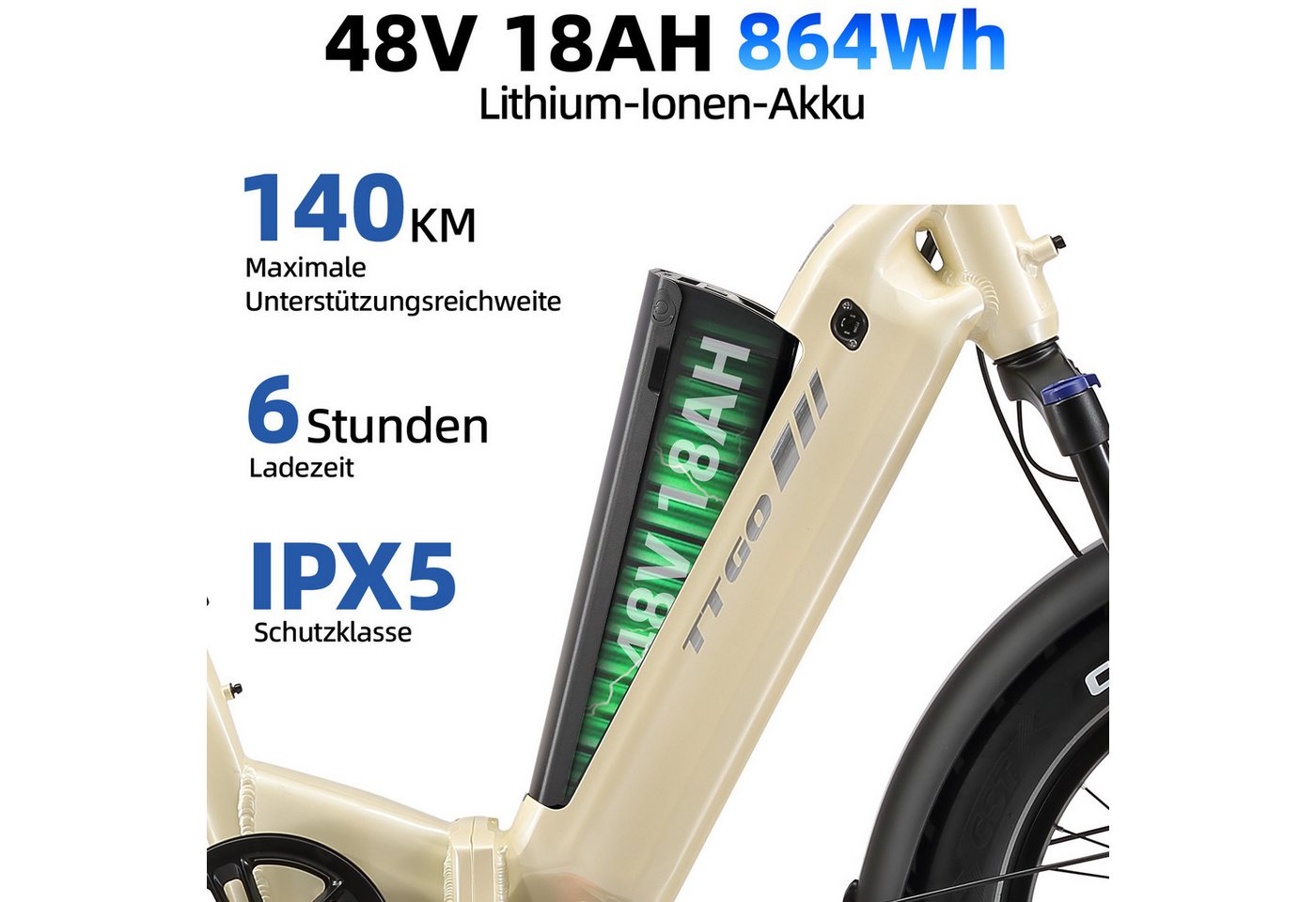 TTGO E-Bike Klapprad 20x4 Zoll, 70Nm Hinterradmotor, 140km, F6B, Drehmomentsensor, 7 Gang SHIMANO, Kettenschaltung, Heckmotor, 864 Wh, MAX. 150kg, Federgabel mi – Bild 5 von 5