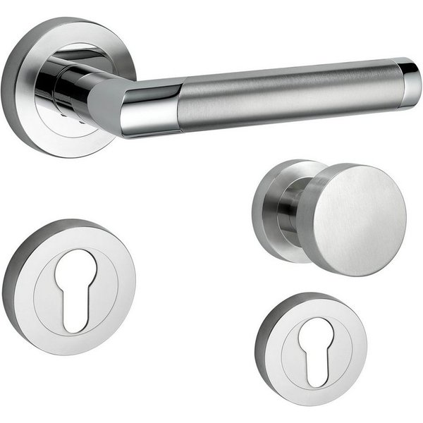 Türbeschläge24 Drückergarnitur Core 2, festdrehbar gelagert, Schraubrosettenoptik, Schnellmontage, Bicolor Chrom/Edelstahl matt