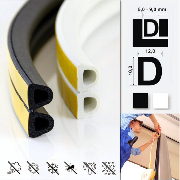 DQ-PP Türdichtband DQ-PP Fensterdichtung, 5 Meter, Profil D,E,I,P,V, selbstklebend, E-Profil, D-Profil, I- Profil, P-Profil, V-Profil