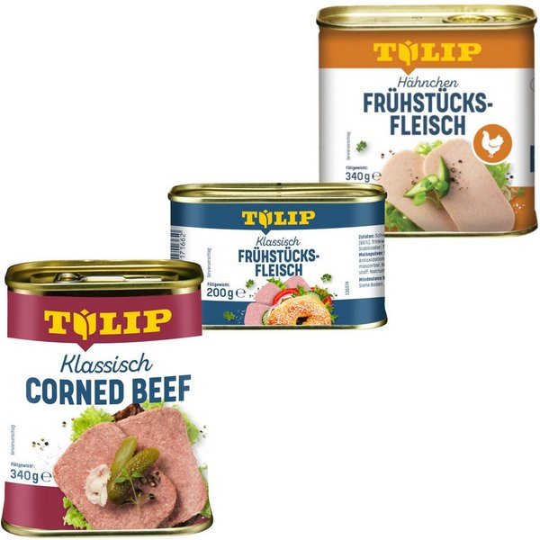 TULIP Wurstkonserve Frühstücksfleisch Corned Beef 340g + Hähnchen 340g + Schwein 200g, (Set, Corned Beef + Hähnchen + Schwein), Dänische Delikatesse