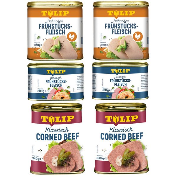 TULIP Wurstkonserve Frühstücksfleisch Corned Beef 340g + Hähnchen 340g + Schwein 200g, (Set, Corned Beef + Hähnchen + Schwein), Dänische Delikatesse