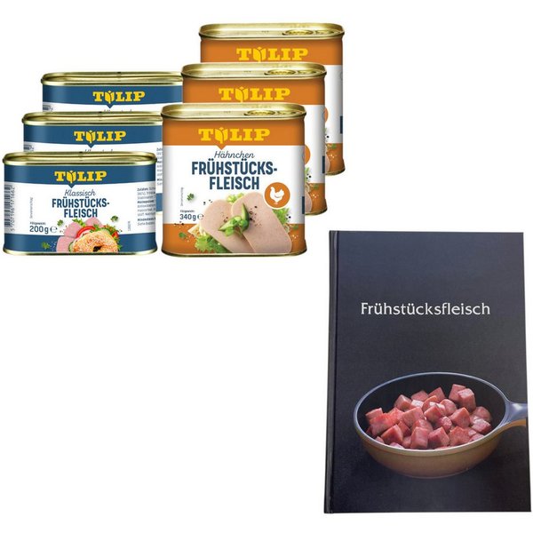 TULIP Wurstkonserve Frühstücksfleisch Schwein 200g + Hähnchen 340g Delikatesse +Kochbuch, (Set, Frühstücksfleisch Schwein + Hähnchen + Kochbuch)