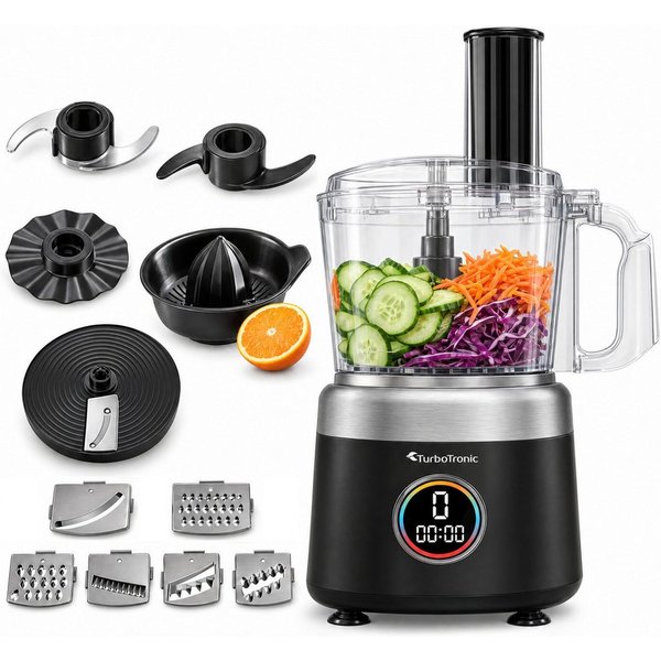 TurboTronic by Z-Line Küchenmaschine TT-FP700, 1900 W, 1.2 l Schüssel, Raspelscheiben Zitruspresse Zerkleinerer Eiscrusher Power
