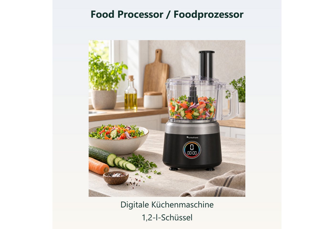 TurboTronic by Z-Line Küchenmaschine TT-FP700, 1900 W, 1.2 l Schüssel, Food Processor: Raspelscheiben, Zitruspresse und Zerkleinerer – Bild 2 von 5