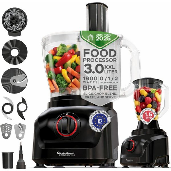 TurboTronic by Z-Line Küchenmaschine Food Processor mit Standmixer 1,5L Glaskaraffe Multizerkleinerer Mixer, 1900 W, 3 l Schüssel, Raspelscheiben Zitruspresse Z