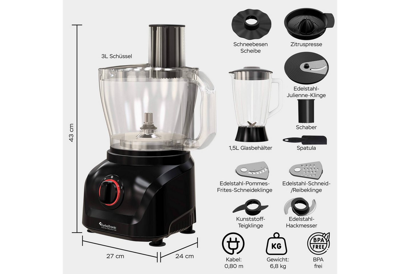 TurboTronic by Z-Line Küchenmaschine Food Processor mit Standmixer 1,5L Glaskaraffe Multizerkleinerer Mixer, 1900 W, 3 l Schüssel, Raspelscheiben Zitruspresse Z – Bild 2 von 5