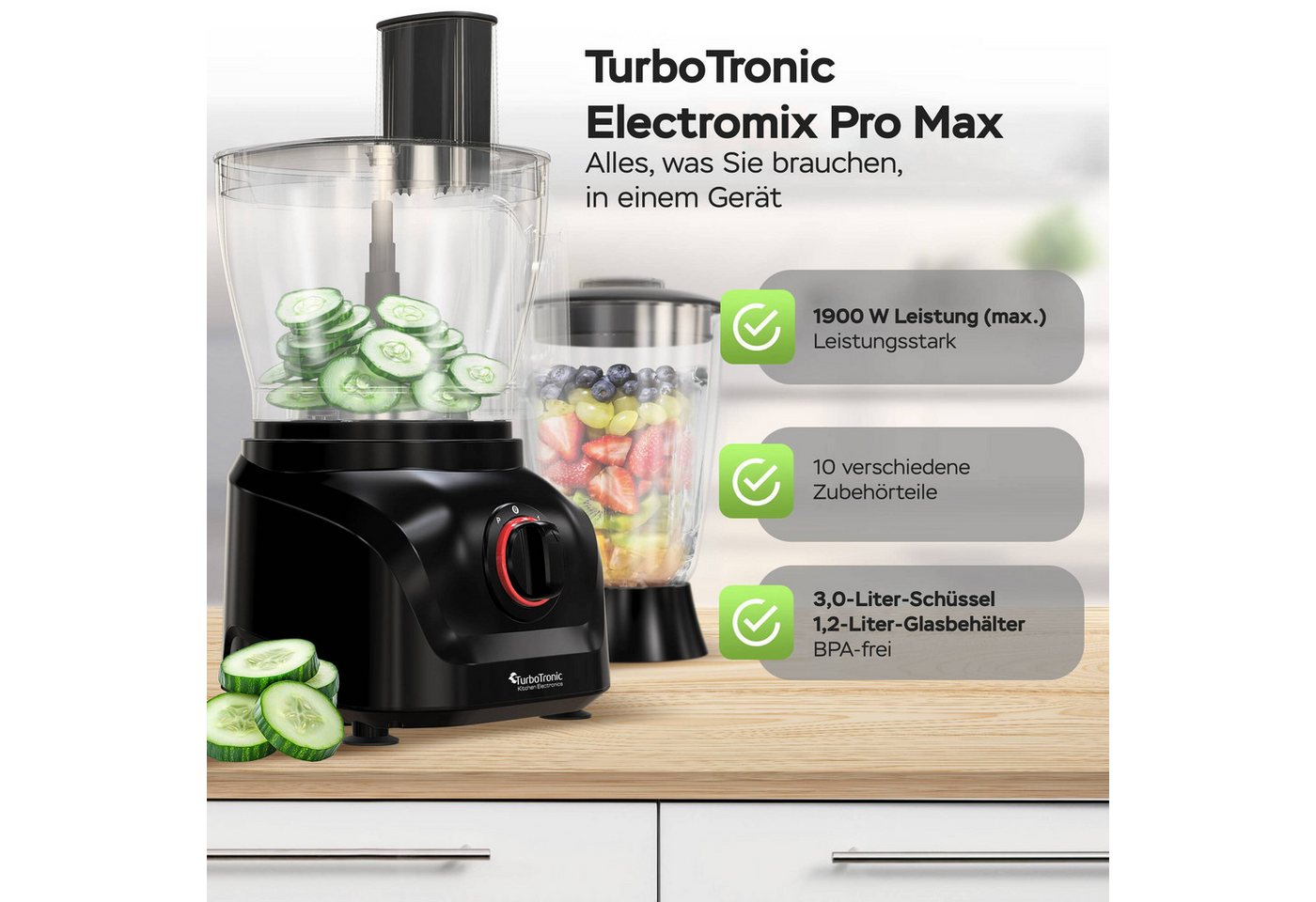 TurboTronic by Z-Line Küchenmaschine Food Processor mit Standmixer 1,5L Glaskaraffe Multizerkleinerer Mixer, 1900 W, 3 l Schüssel, Raspelscheiben Zitruspresse Z – Bild 3 von 5