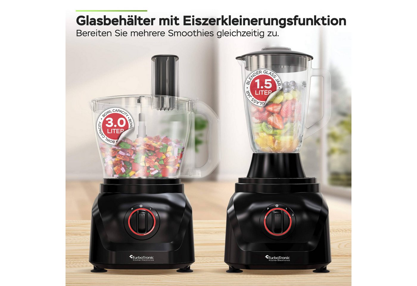 TurboTronic by Z-Line Küchenmaschine Food Processor mit Standmixer 1,5L Glaskaraffe Multizerkleinerer Mixer, 1900 W, 3 l Schüssel, Raspelscheiben Zitruspresse Z – Bild 4 von 5
