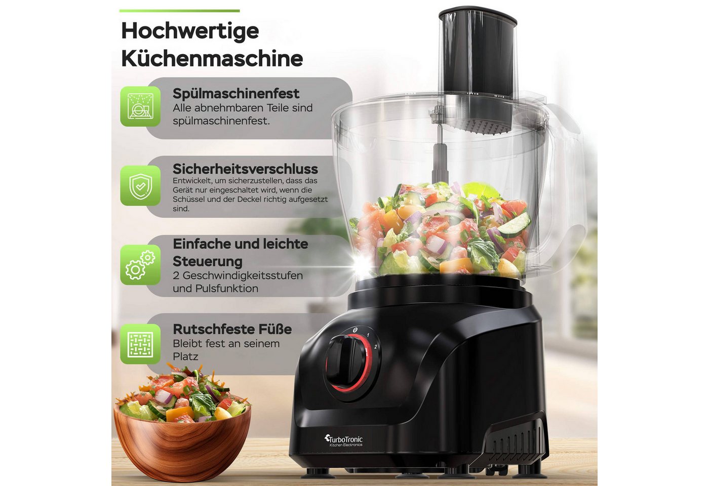 TurboTronic by Z-Line Küchenmaschine Food Processor mit Standmixer 1,5L Glaskaraffe Multizerkleinerer Mixer, 1900 W, 3 l Schüssel, Raspelscheiben Zitruspresse Z – Bild 5 von 5