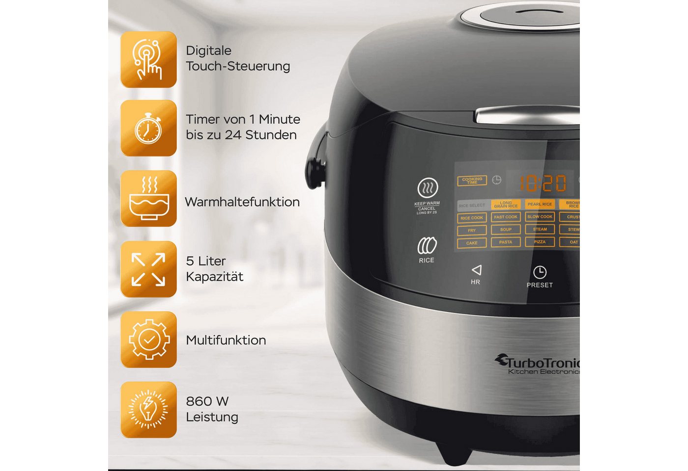 TurboTronic by Z-Line Multikocher CookMaster, 860 W, 5 l Schüssel, Praktischer Schnellkochtopf mit 15 Programmen – Bild 3 von 5