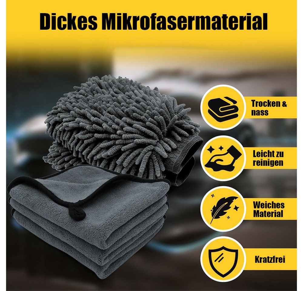 TUWENA 5 Stück Autopflege Set, Auto Trockentuch, Extra Saugstark & Polieren Mikrofasertuch (5-tlg., Mit 3 Mikrofasertücher & 2 Mikrofaserhandschuh, 100% Kratzfr – Bild 3 von 5
