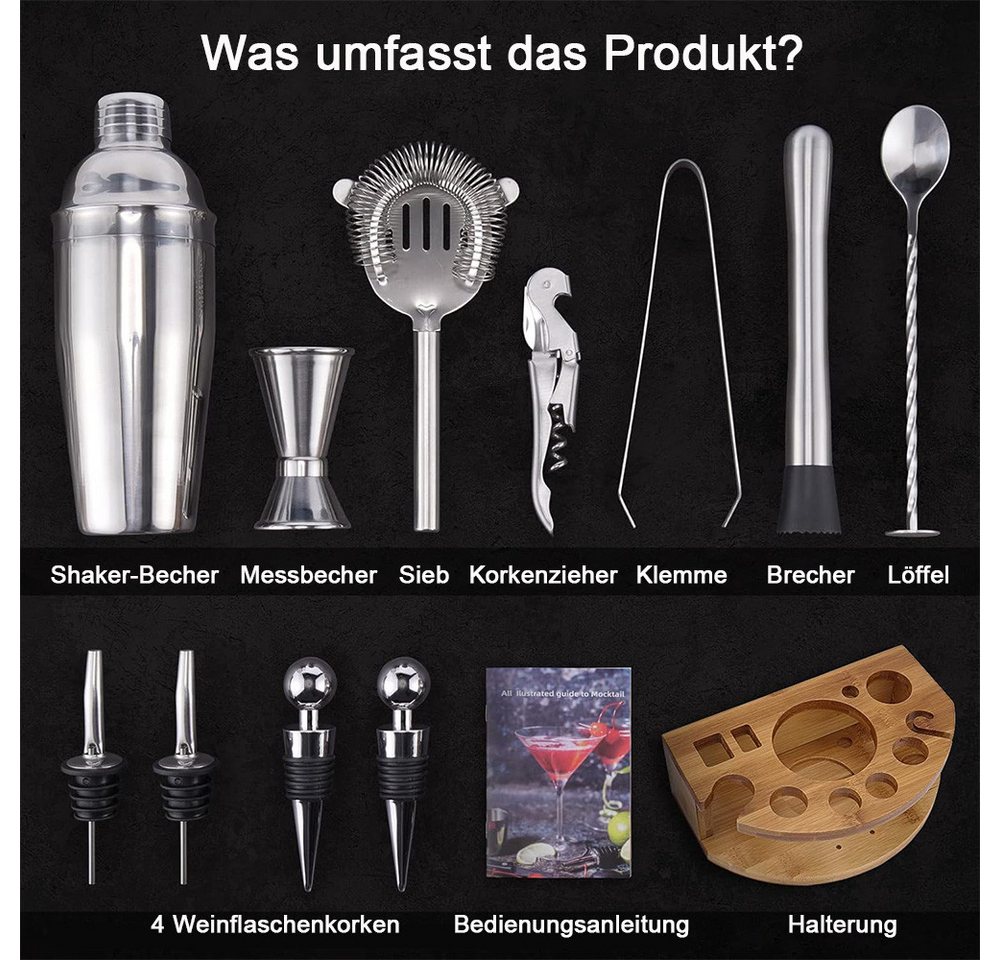 TUWENA Cocktail Shaker Barkeeper-Werkzeugset mit Bambusständer, 12-teiliges 750-ml-Jigger-Set, (12-tlg) – Bild 2 von 5