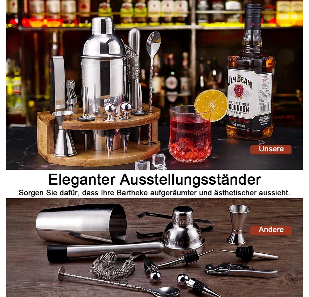 TUWENA Cocktail Shaker Barkeeper-Werkzeugset mit Bambusständer, 12-teiliges 750-ml-Jigger-Set, (12-tlg) – Bild 3 von 5