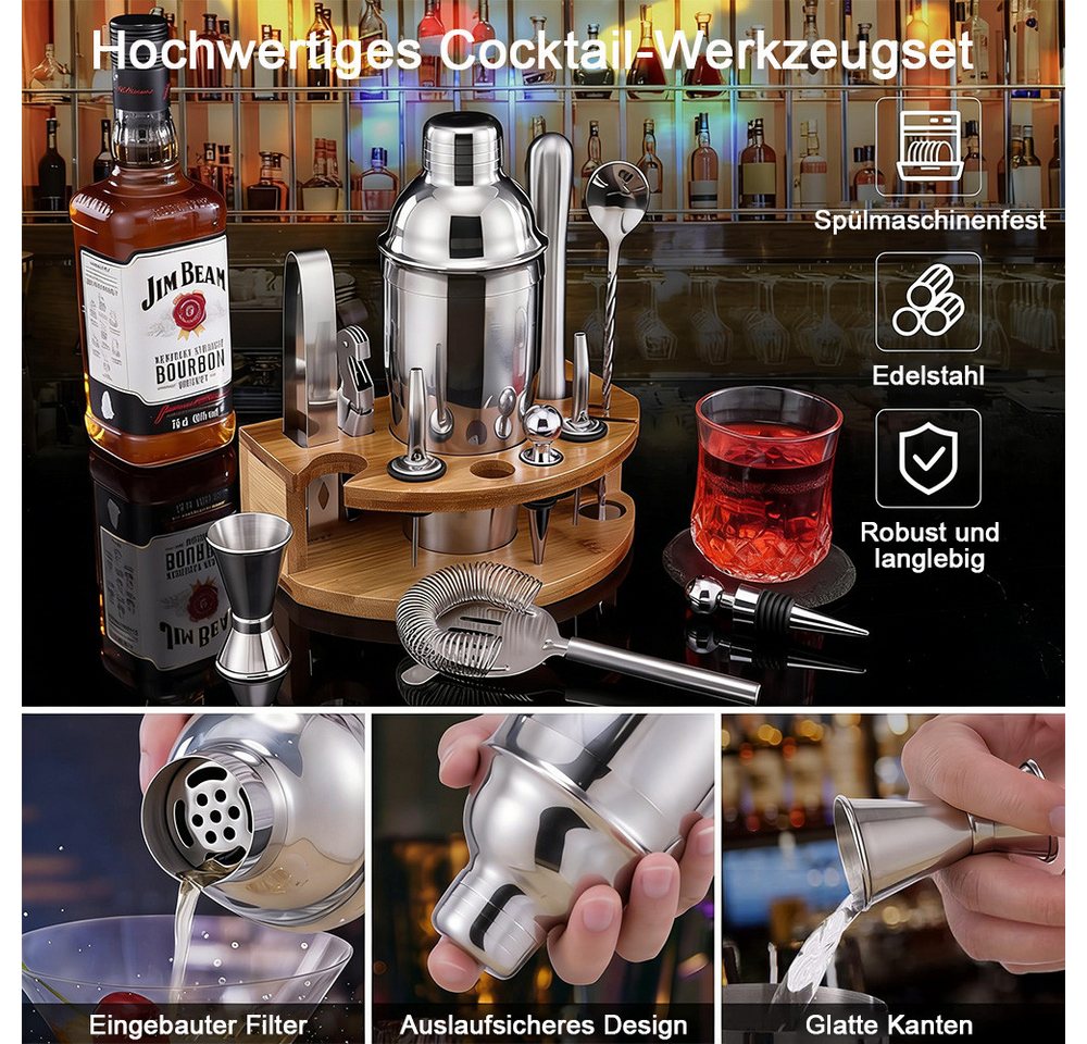 TUWENA Cocktail Shaker Barkeeper-Werkzeugset mit Bambusständer, 12-teiliges 750-ml-Jigger-Set, (12-tlg) – Bild 4 von 5