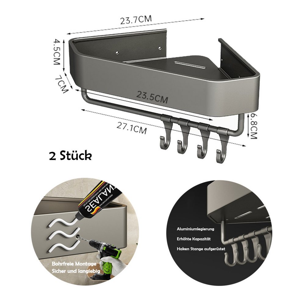 TUWENA Duschablage Duschablage Ohne Bohren, 2 Stück Alum Duschregal mit Halter und Haken, 2-tlg., Shampoo Halterung für Dusche, Rostbeständiger Duschkorb,Dusche – Bild 2 von 5