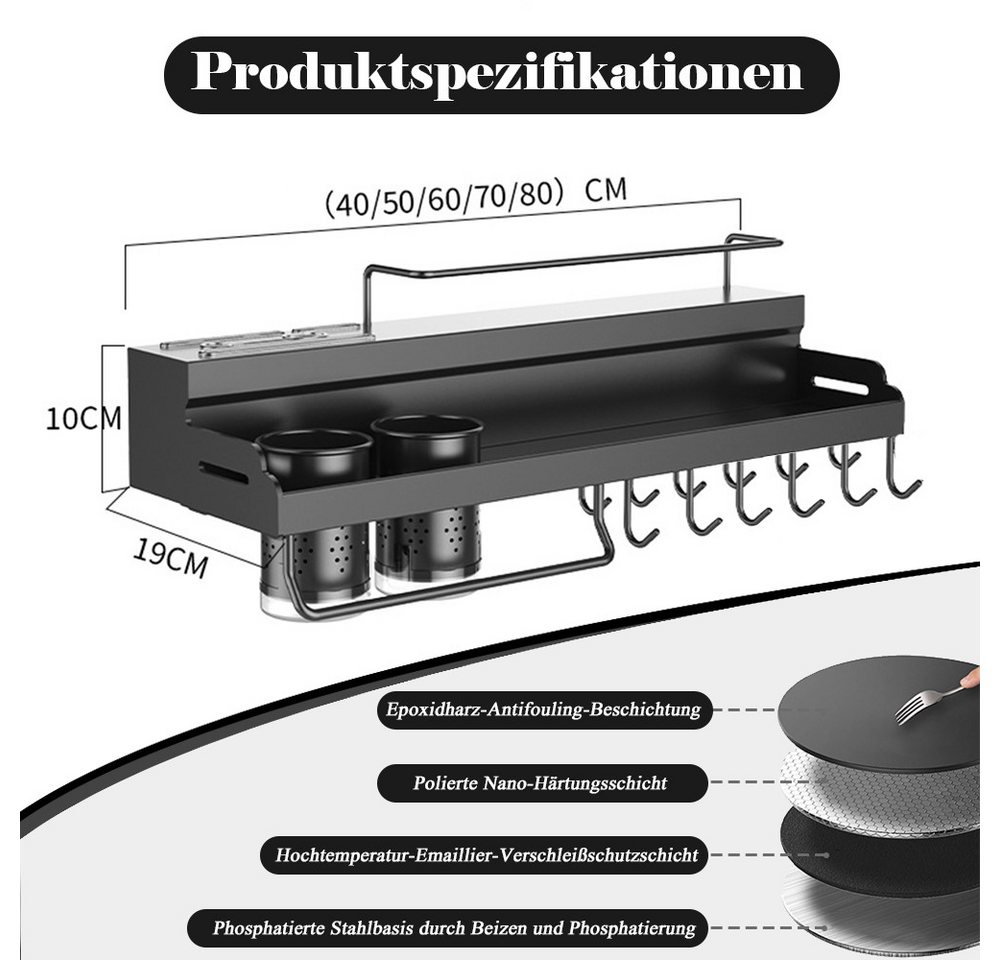 TUWENA Gewürzregal Gewürzregal Wand, GewürzregaleKüchenregal wand ohne Bohren, Gewürzregal Hängend mit Messerschlitz, 12 Haken, 2 Becher – Bild 2 von 5