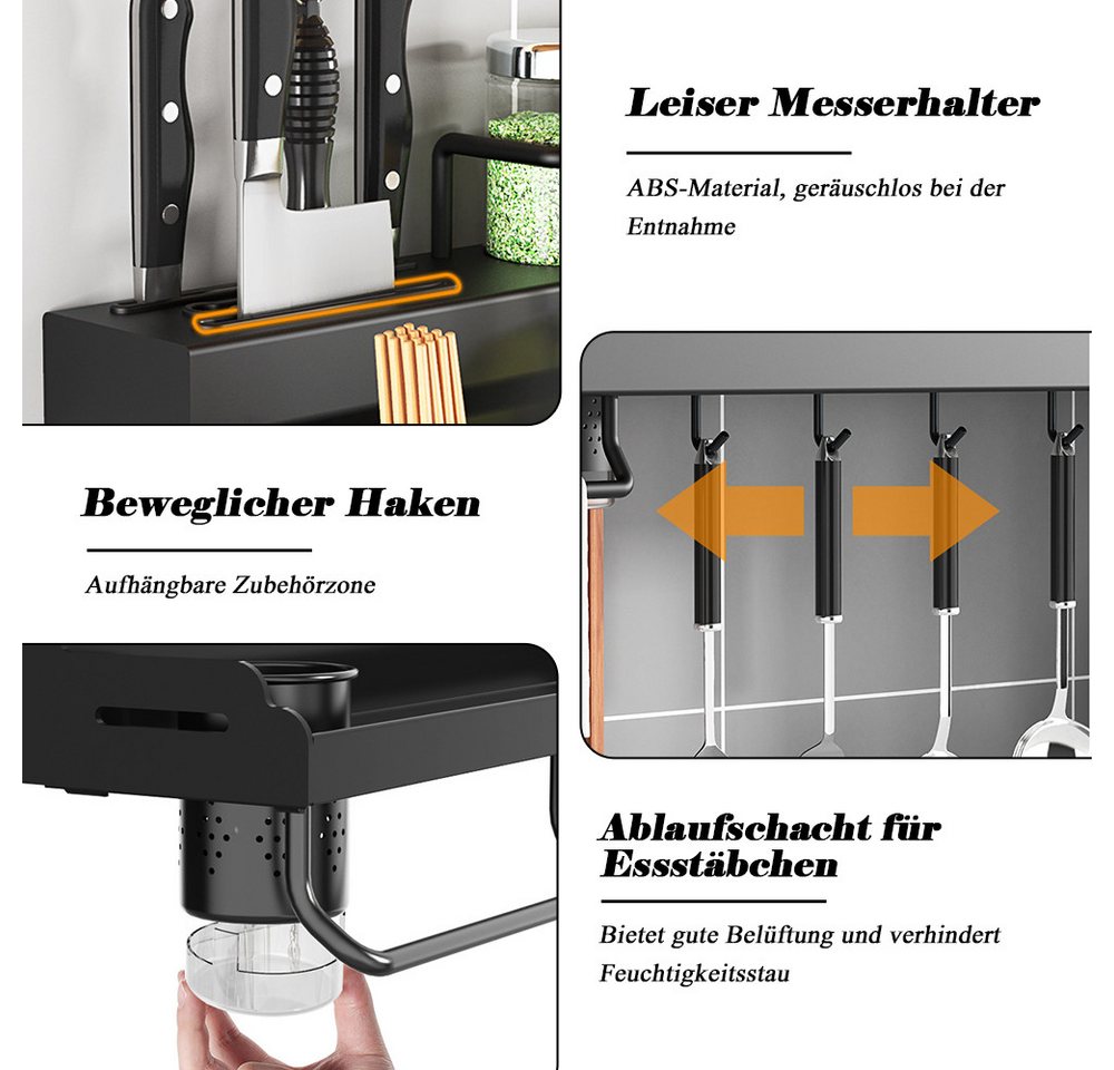 TUWENA Gewürzregal Gewürzregal Wand, GewürzregaleKüchenregal wand ohne Bohren, Gewürzregal Hängend mit Messerschlitz, 12 Haken, 2 Becher – Bild 3 von 5