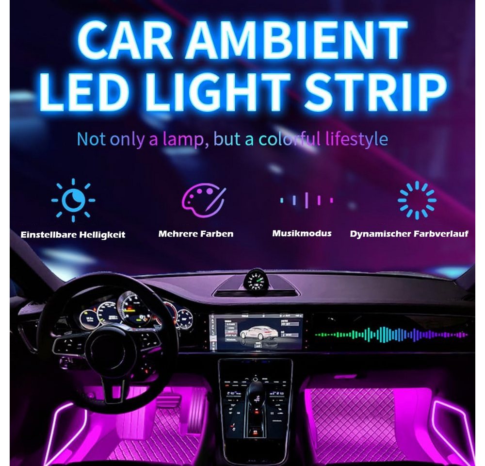 TUWENA LED Lichtleiste LED Innenbeleuchtung Auto, 4pcs 72 Strip Auto Ambientebeleuchtung, LED wechselbar, 12V Wasserdicht LED Strip mit Zigarettenanzünder, APP  – Bild 2 von 5