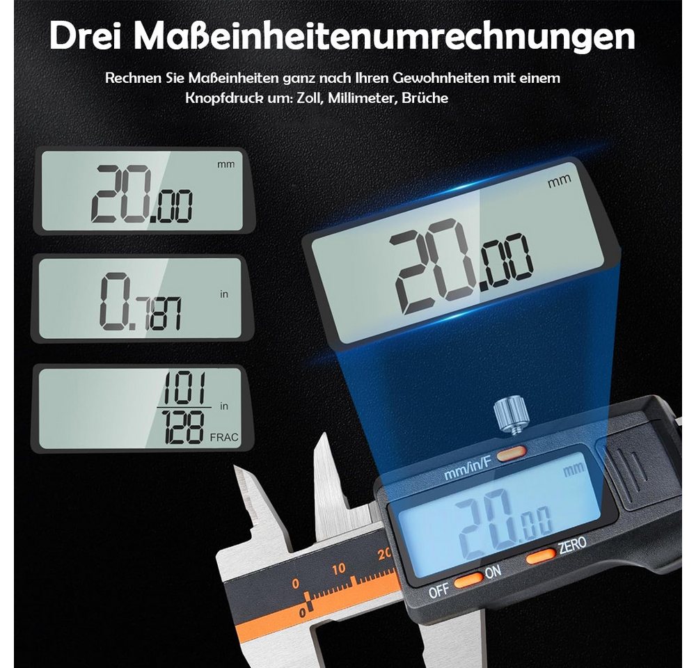 TUWENA Messschieber Digitaler Messschieber 150mm, Edelstahl Schieblehre mit LCD-Display, Zoll/Metrisch/Bruchu Umstellung, Auto-Off & 2 Ersatzbatterien – Bild 2 von 5