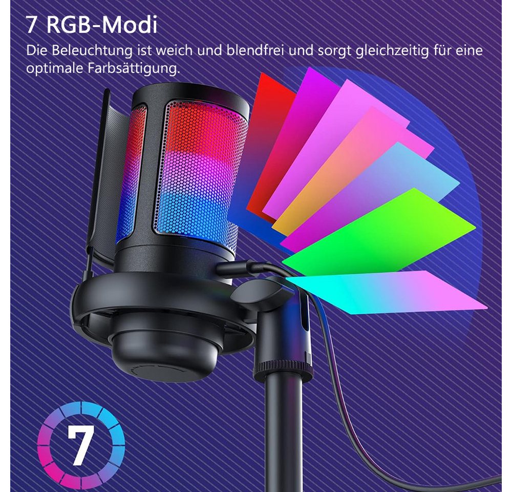 TUWENA Mikrofon Gaming Mikrofon PC RGB, USB Microphone Kit mit 3,5mm-Kopfhörerbuchse, USB Microphone für Streaming Podcast Studio, Ein-Klick-Stummschaltung – Bild 2 von 5
