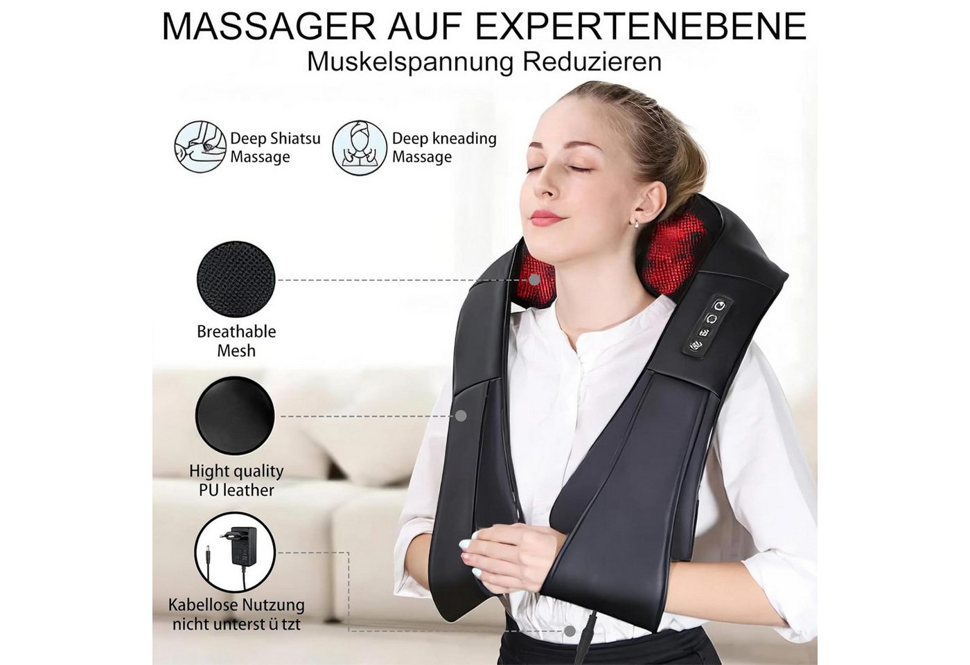 TUWENA Nacken-Massagegerät 3D Deep Massagegerät, Nackenmassagegerät mit Wärme, Rückenmassagegerät, 3D Knetmassage, Wärmefunktion, 3 Stufen, Auto-Stopp, Haus & A – Bild 2 von 5