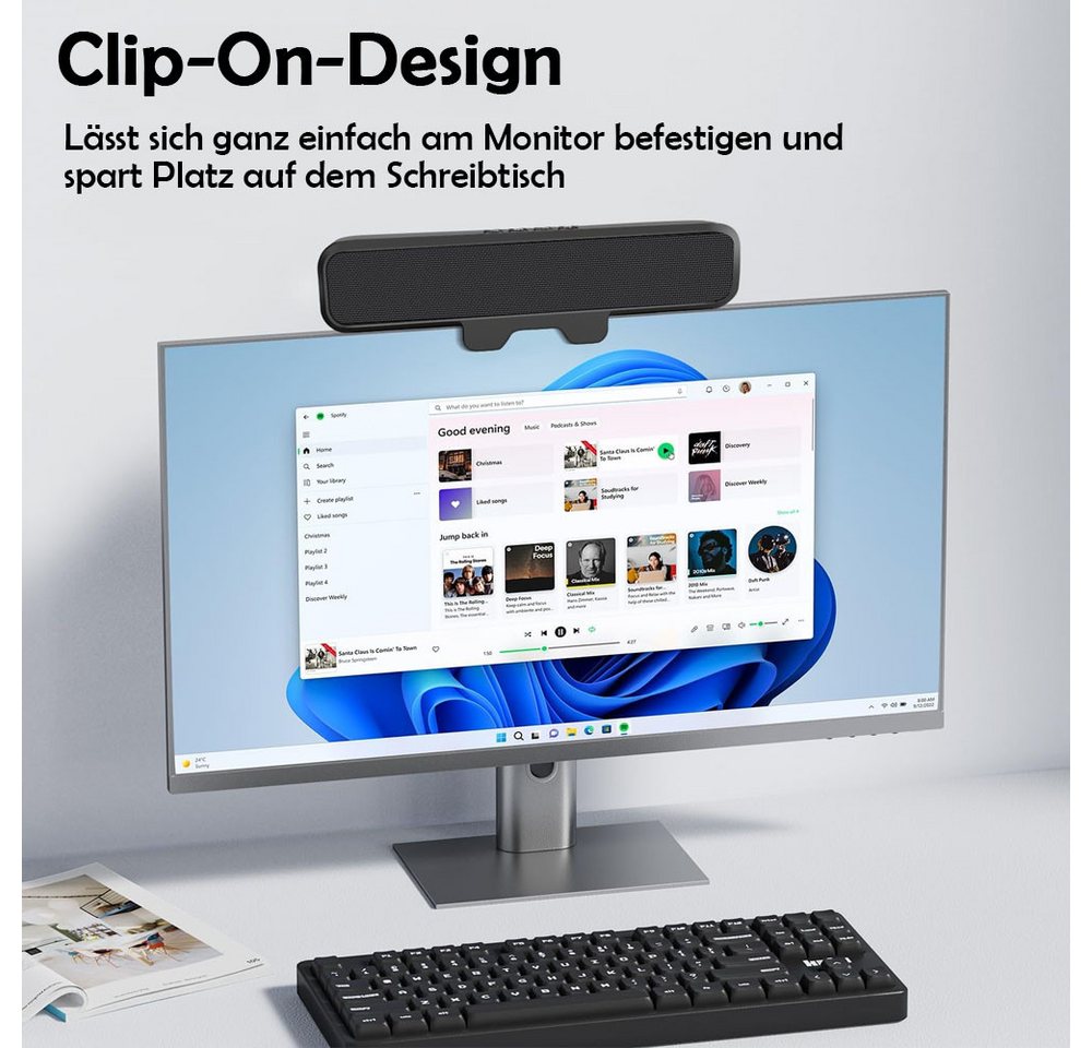 TUWENA PC-Lautsprecher mit USB Plug-and-Play, Bass Speaker mit Monitor Klemme PC-Lautsprecher (One-Touch-Stummschaltmikrofon, Stereo und Bass, kompatibel Mac, L – Bild 2 von 5