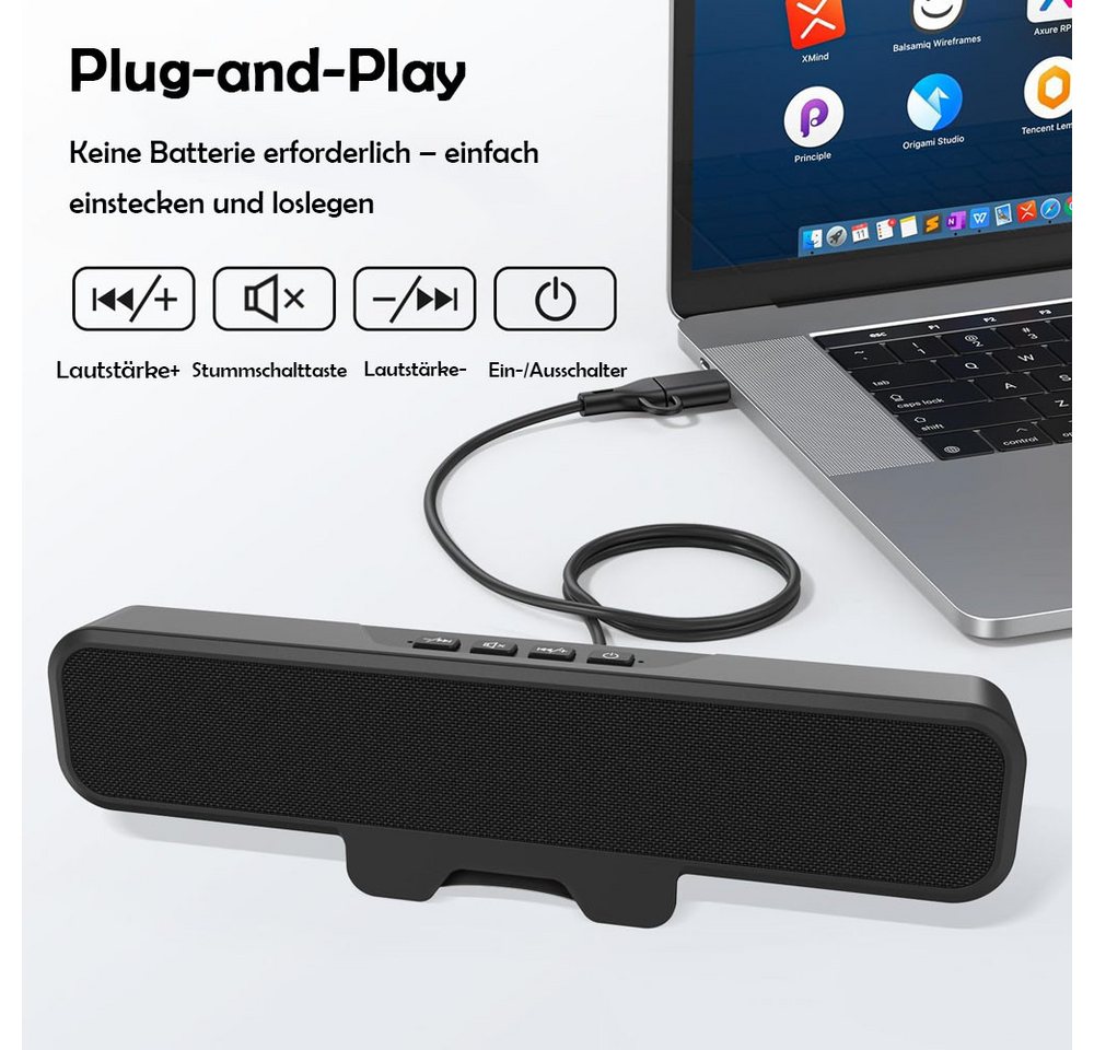 TUWENA PC-Lautsprecher mit USB Plug-and-Play, Bass Speaker mit Monitor Klemme PC-Lautsprecher (One-Touch-Stummschaltmikrofon, Stereo und Bass, kompatibel Mac, L – Bild 4 von 5