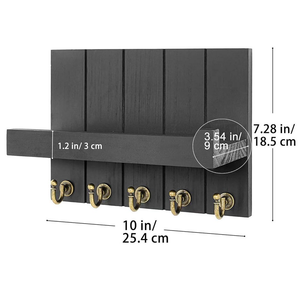 TUWENA Schlüsselbrett Schlüsselbrett mit Ablage, Dekoratives Holz Wandregal, mit 5 Haken, Wand Schlüsselboard für Eingangsbereich, Flur, Küche, Schlafzimmer – Bild 2 von 5