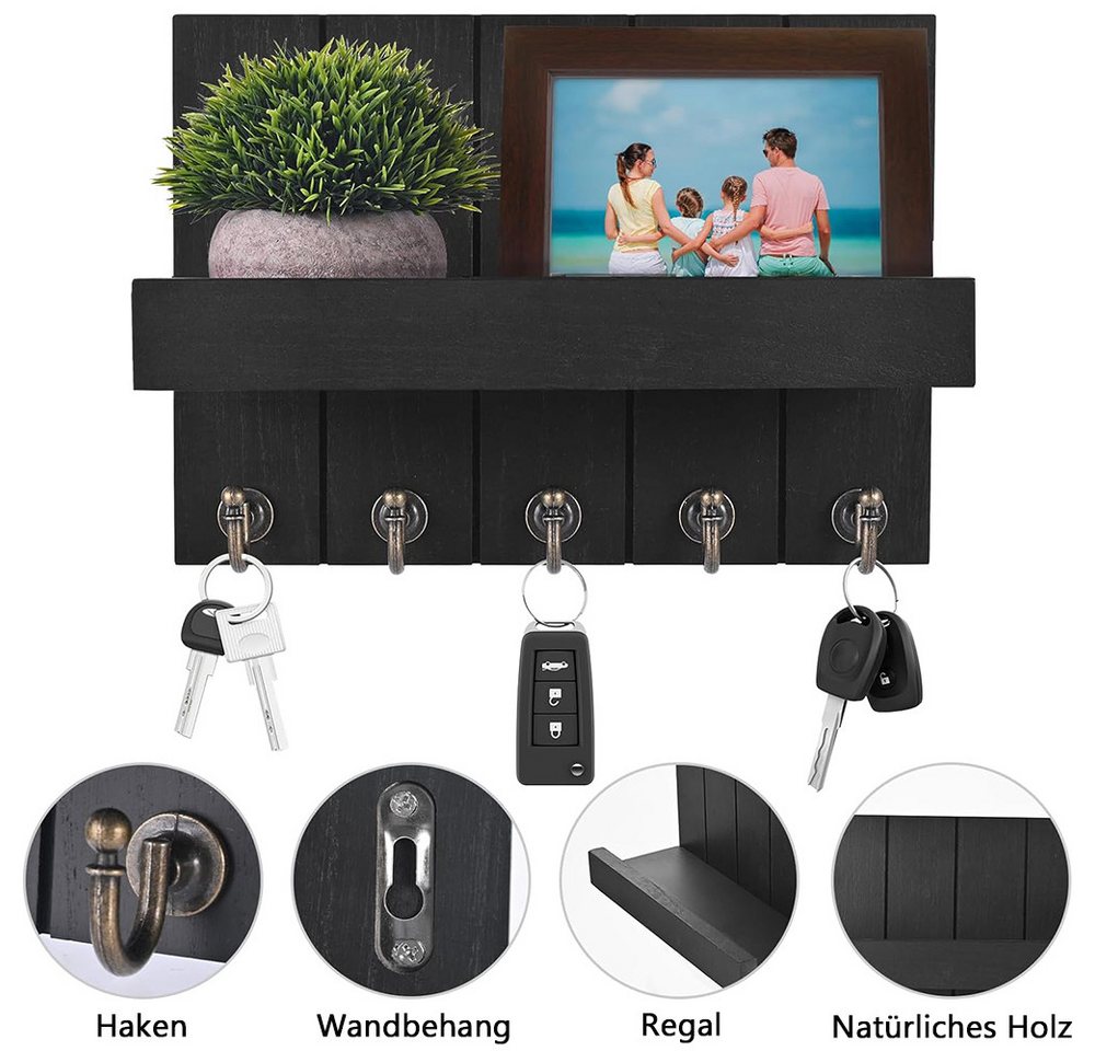 TUWENA Schlüsselbrett Schlüsselbrett mit Ablage, Dekoratives Holz Wandregal, mit 5 Haken, Wand Schlüsselboard für Eingangsbereich, Flur, Küche, Schlafzimmer – Bild 3 von 5